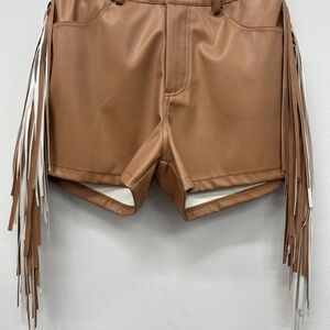 Camel Long Side Fringe Shorts